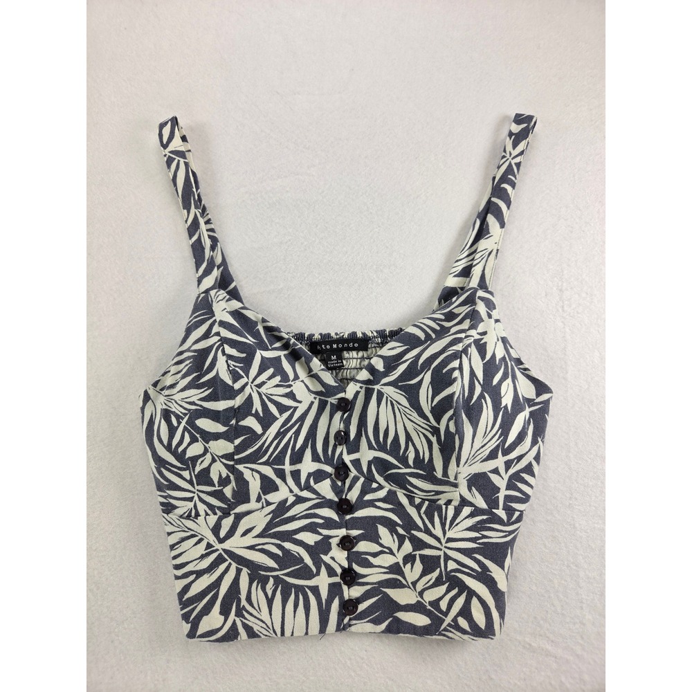 Haute Monde Fitted Strappy Linen Blend Tank Top Tropical Blue Button Detail Sz M